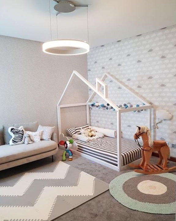 Made-to-Order Asymmetrical House Bed with Chimney on Clouds