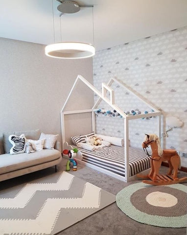 Made-to-Order Asymmetrical House Bed with Chimney on Clouds